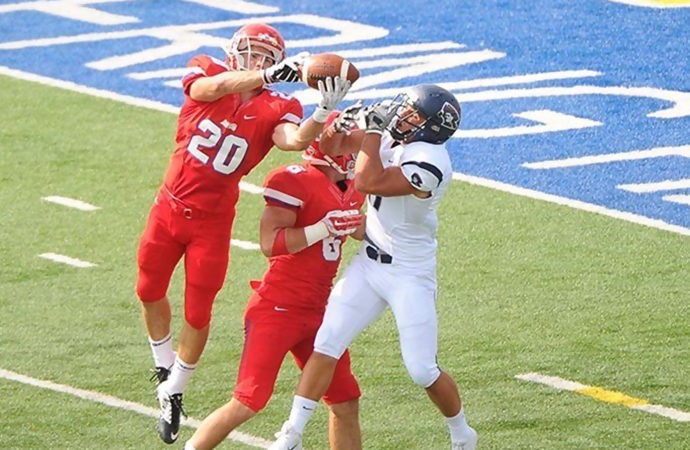 Dayton safety Danny Leach, the PFL Defensive Player of the Week, intercepted two passes at Robert Morris, Saturday. (Photo by Erik Schelkien, courtesy Dayton Athletic Media Relations)